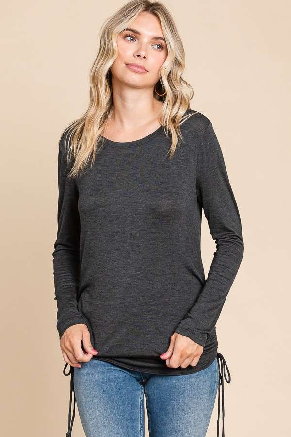 Crew Neck Side Draw String Top - Charcoal