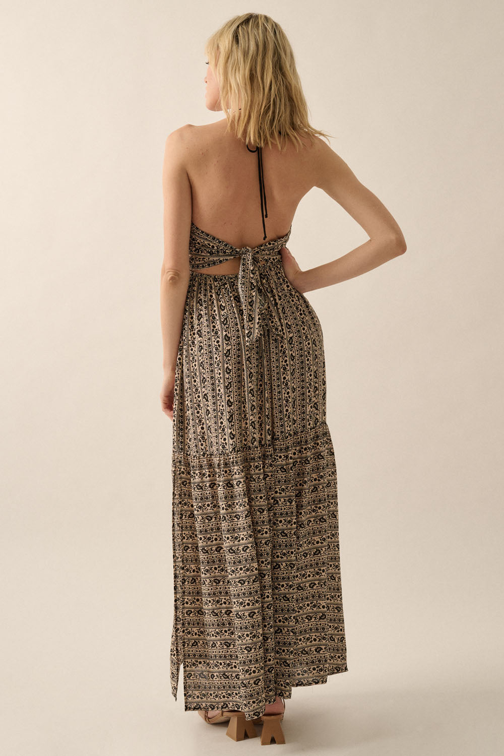 Abstract Striped Gather-Bodice Halter Maxi Dress