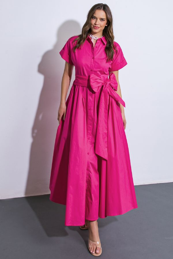 Fuchsia Woven Midi Dress w/ Bow
