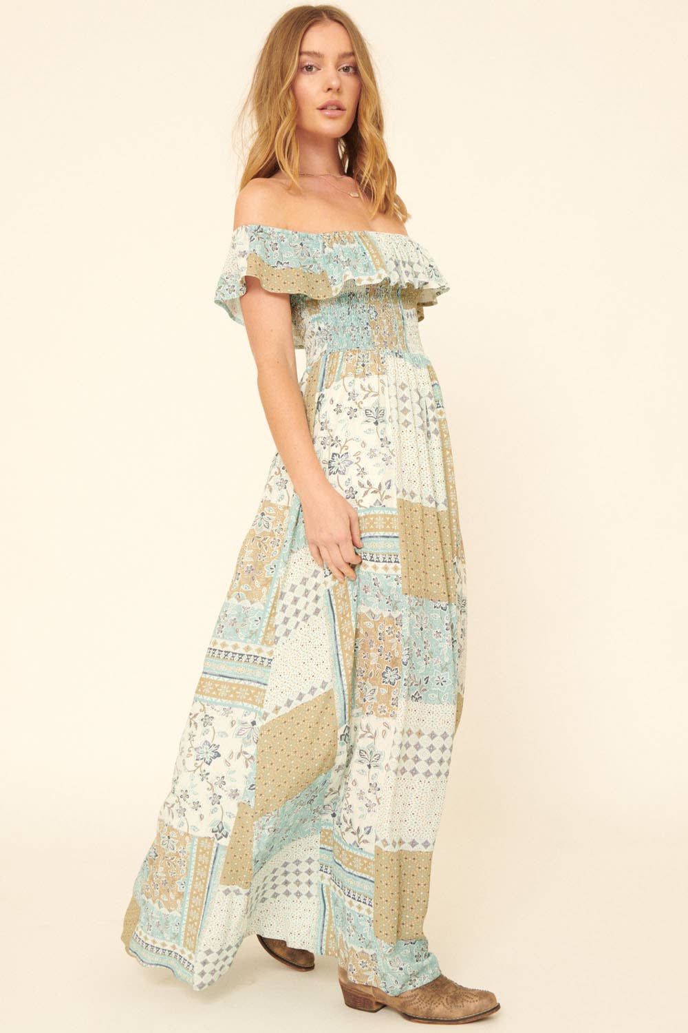Seagrass Woven Patch Smocked Sleeveless Maxi Dress