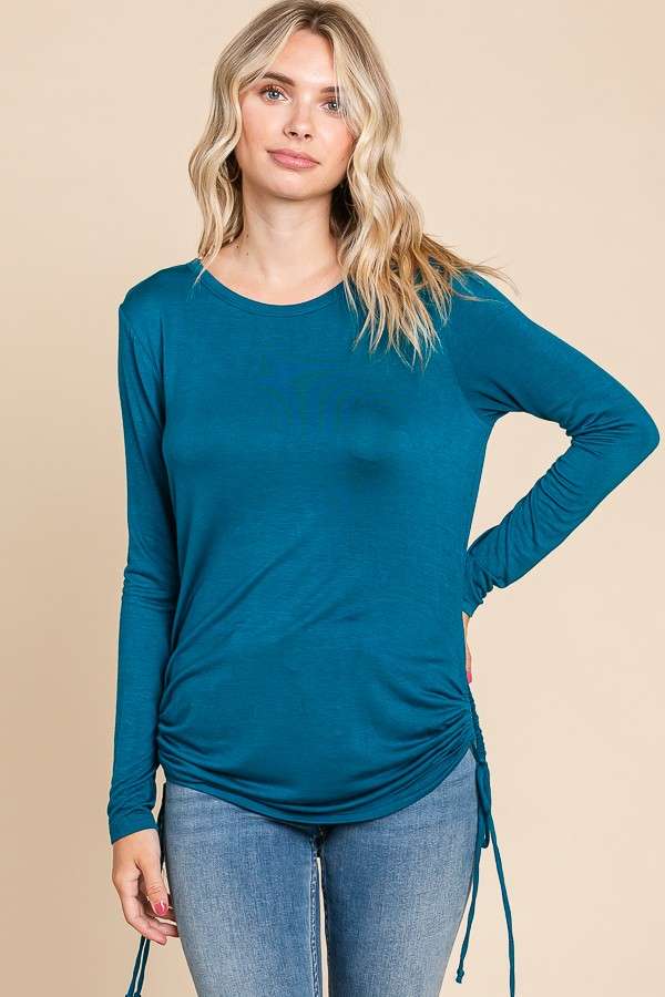 Crew Neck Side Draw String Top - Turquoise