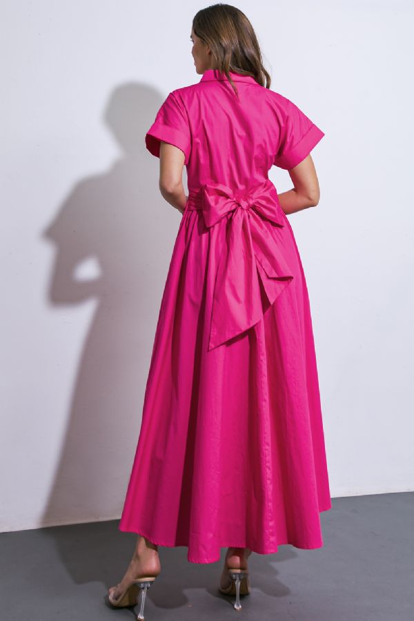 Fuchsia Woven Midi Dress w/ Bow