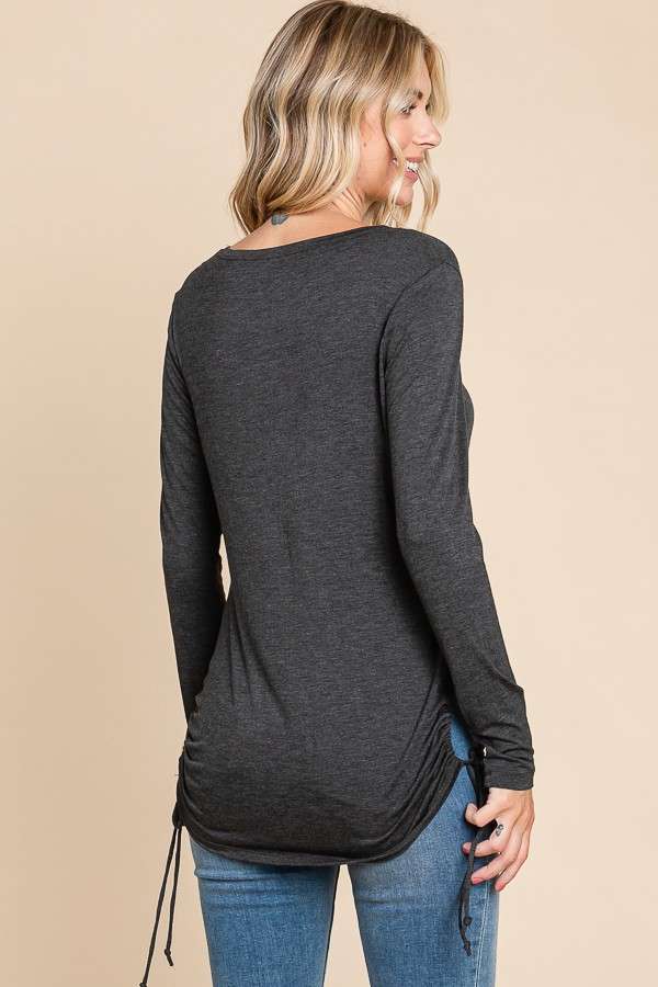 Crew Neck Side Draw String Top - Charcoal