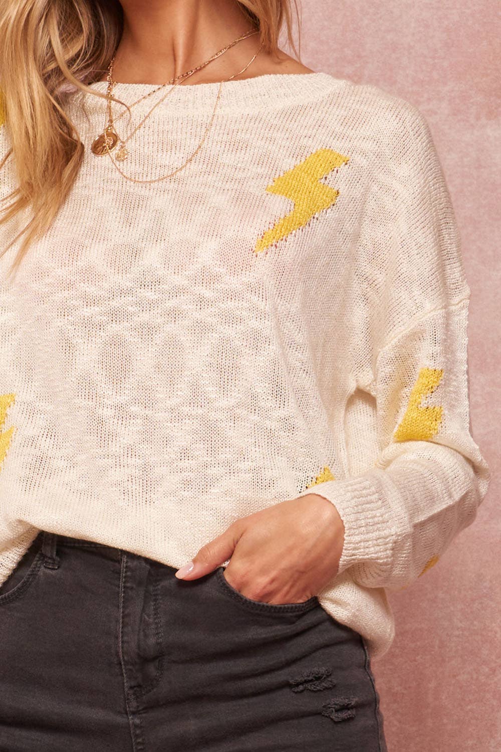 Cream Thunder Bolt Lightweight Knit Graphic Sweater