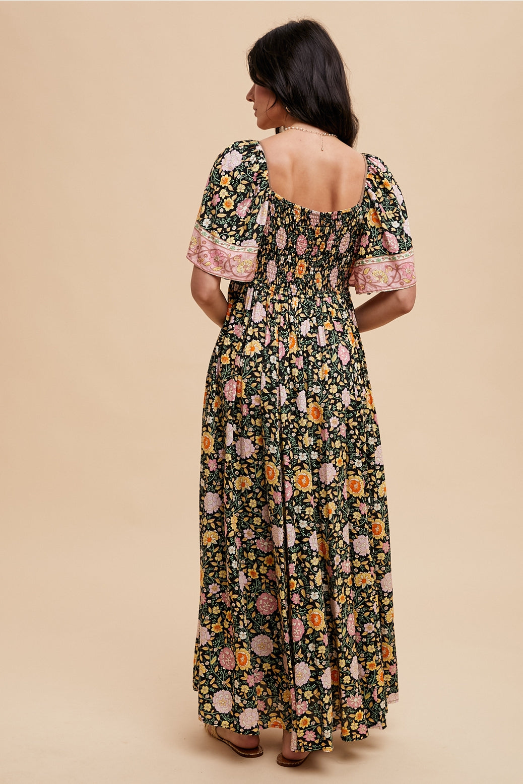Midnight Floral Flutter Sleeve Maxi Dress