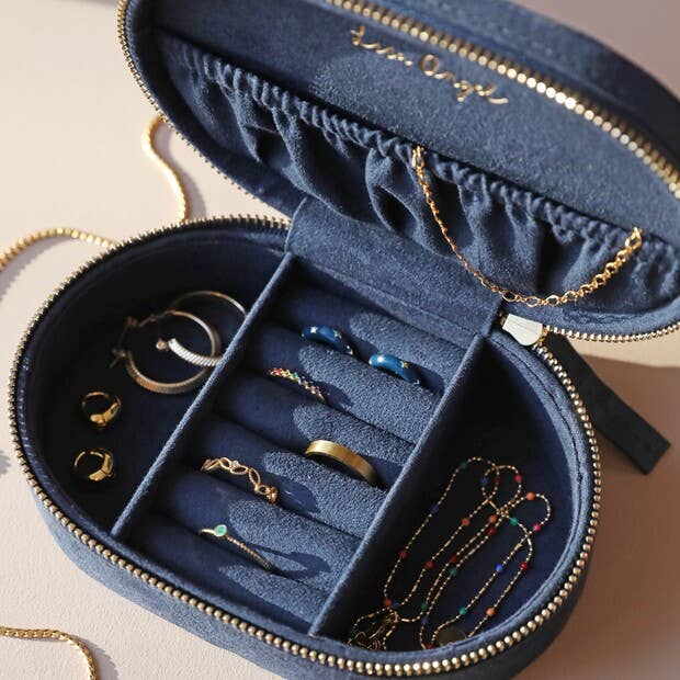 Sun & Moon Embroidered Oval Jewelry Case in Navy