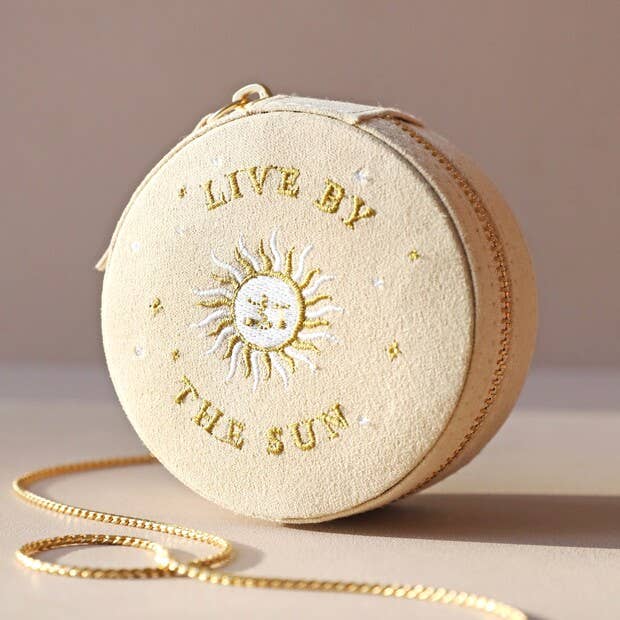 Sun & Moon Embroidered Round Jewelry Case in Beige