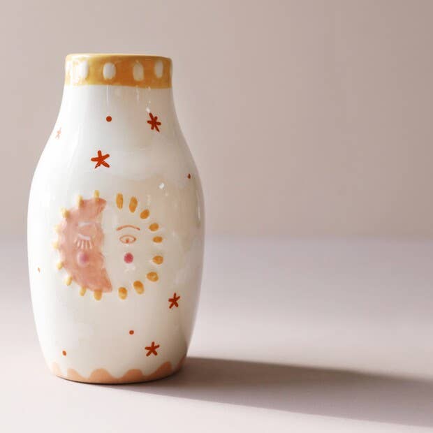 Sun & Moon Face Ceramic Posy Vase