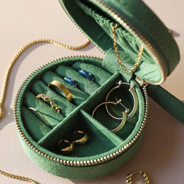 Sun & Moon Embroidered Round Jewelry Case in Green